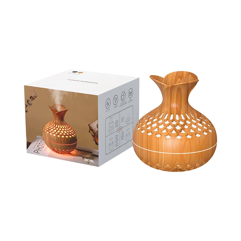 Wholesale New flower humidifier 300ML cool mist essential oil aroma diffuser wooden flower usb desktop atomizer air humidifier
