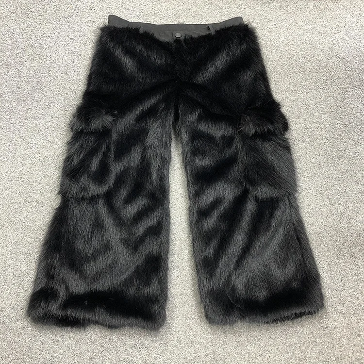 OEM/ODM Custom black wide leg faux wolf fur fringe pants men
