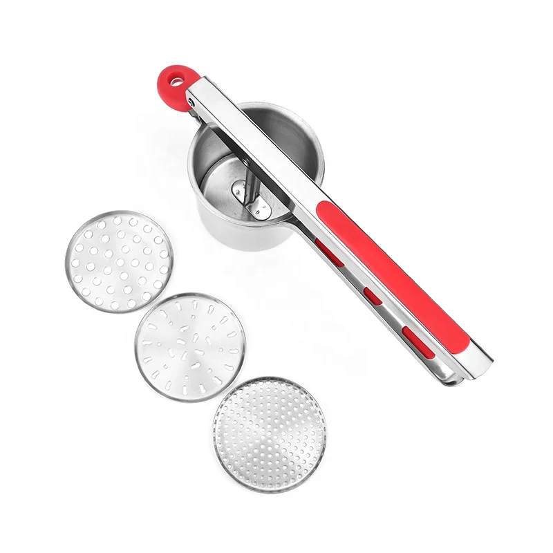 Promotional silicone grip handles potato ricer and masher with 3 interchangeable discs