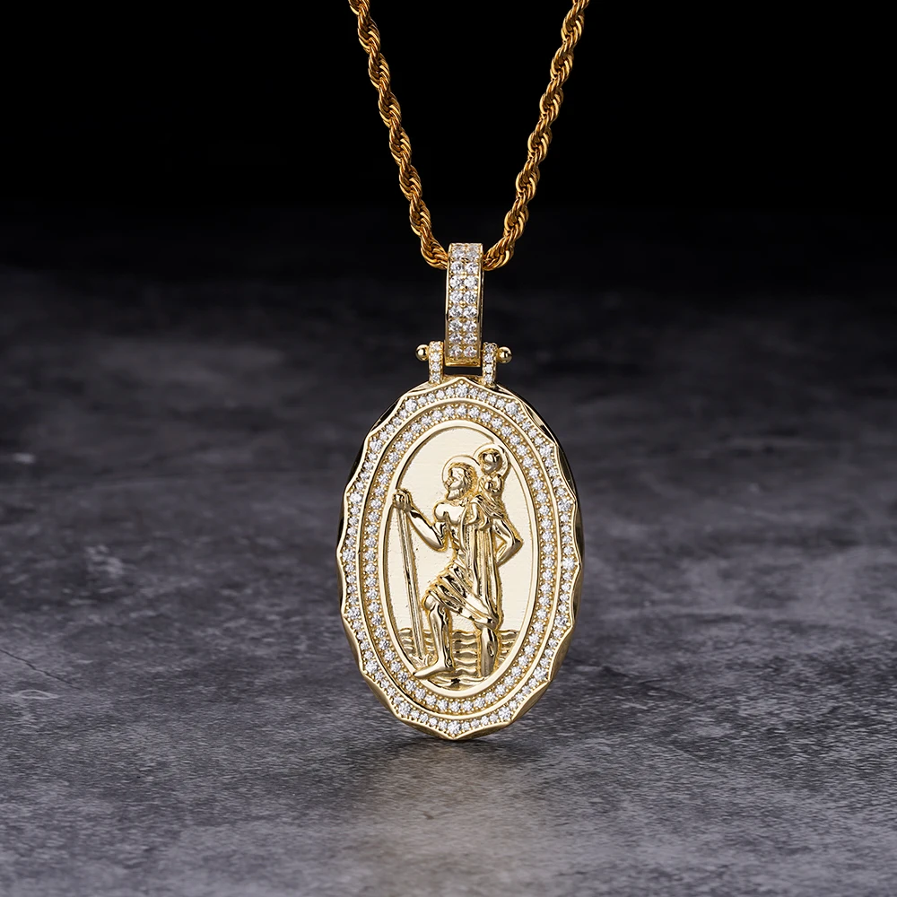 High Quality Religion Vintage Christopher Gold Plated Icy Baguette Zircon Medallion Oval Bezel 925 Silver Christopher Pendant