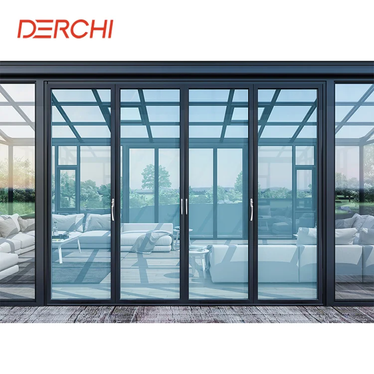 DERCHI AS2047 NFRC Thermal Break Aluminum Hurricane Proof Impact 4 Tracks Large Double Glass Patio Aluminum Sliding Glass Door