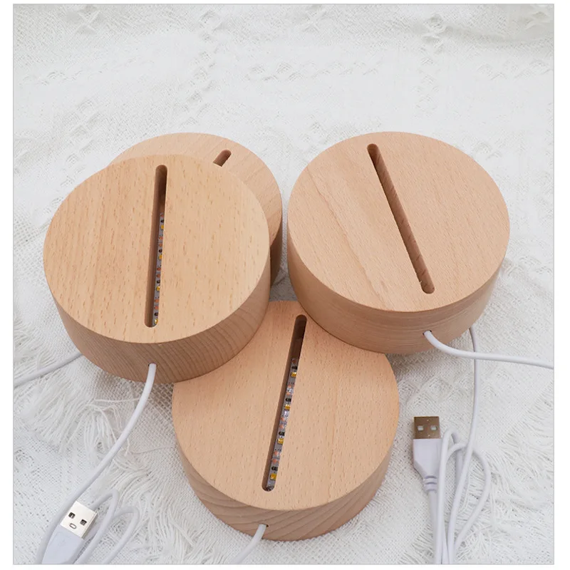 Factory Price wholesale RGB 3D Round Led Lamp Base for Acrylic Wooden Material Luminous round Wooden Base Lamp