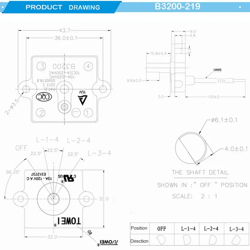 Towei B3200-219 miniature rotary switch supplier 13A-120V 10(3)A-250V T105 4 position 3 speed dip rotary switch for fan