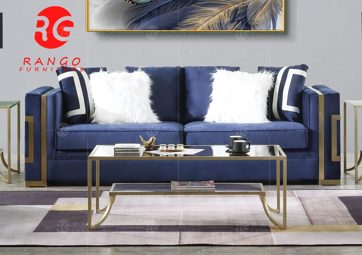 R1 navy blue velvet modern sofa brown velvet sofa set button tufted sofa