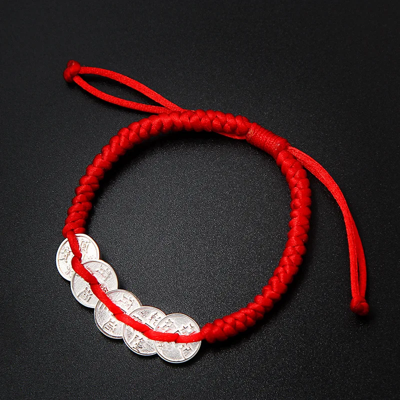 S990 Sterling Silver Coin Red Rope Braided Bracelet for Men and Women Lovers Good Luck Adjustable Size Bracelet Gift