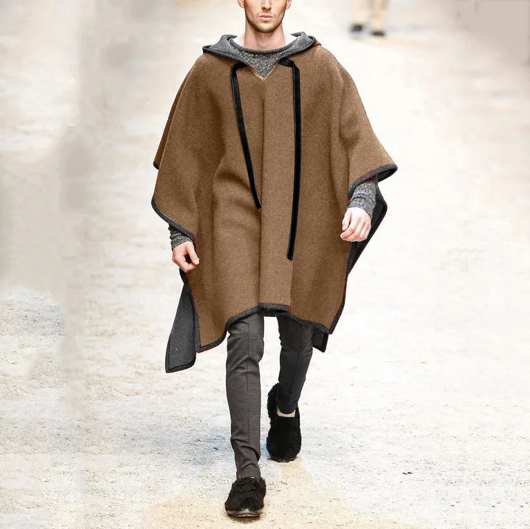 Fashion Men Long Poncho Hoodie Lapel Cape Trench Streetwear Winter Autumn Jackets Windproof Cloak