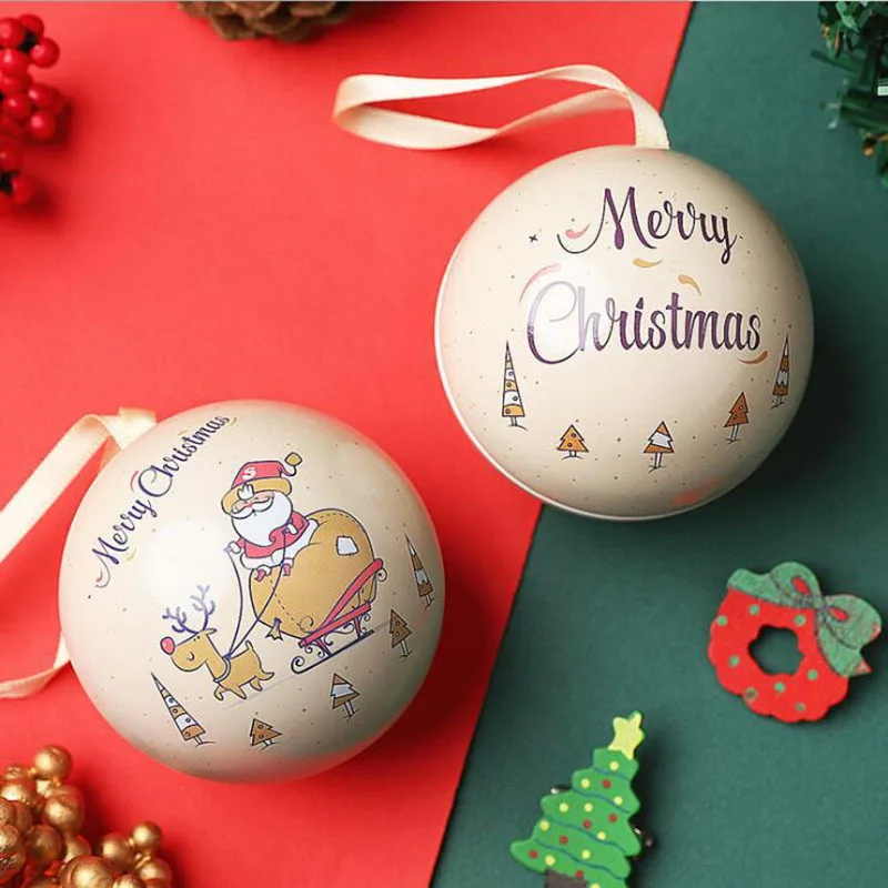 Christmas Gift Box Tin Ball Candy Can Gift Packaging Round Ball Shaped Mini Box Christmas Tree Decorations Hanging Holiday Decor