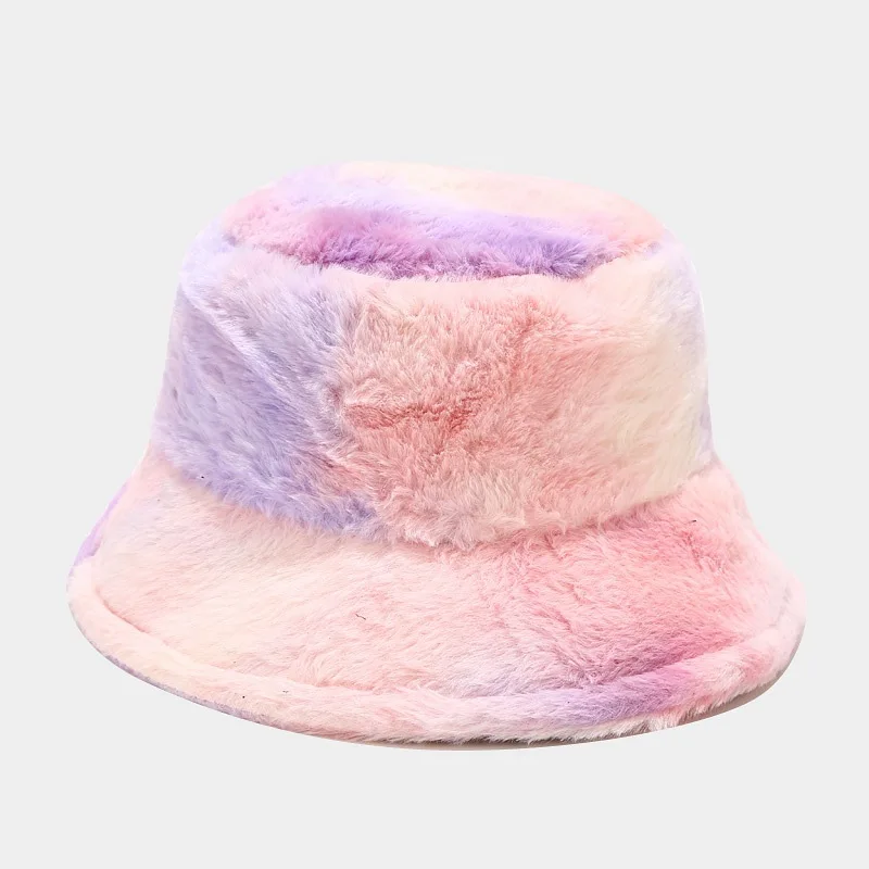 New cute girl rainbow colored plush fisherman hat for winter Japanese style small fresh warm bucket hat