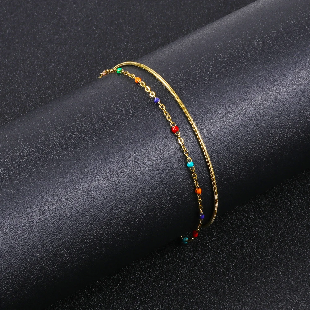 Bohemian Style Two-Layer Rainbow Beaded Bracelet Colorful Rice Beads Adjustable Bracelet For Women  Friends Gifts