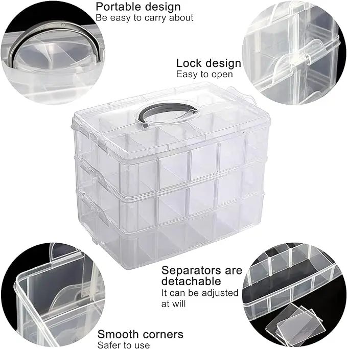 3 Layers Transparent Plastic Toys Storage Box With 30 Removable Plastic Storage Case Organizer Box