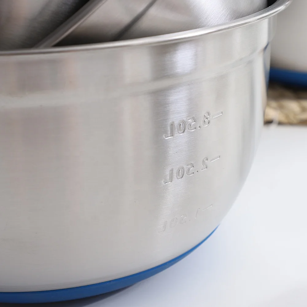 Hot Sale Item Salad Bowls Set with Anti-slip Silicone Bottom and Embossed Scale Measurement Multiple Sizes Mixing Bowl