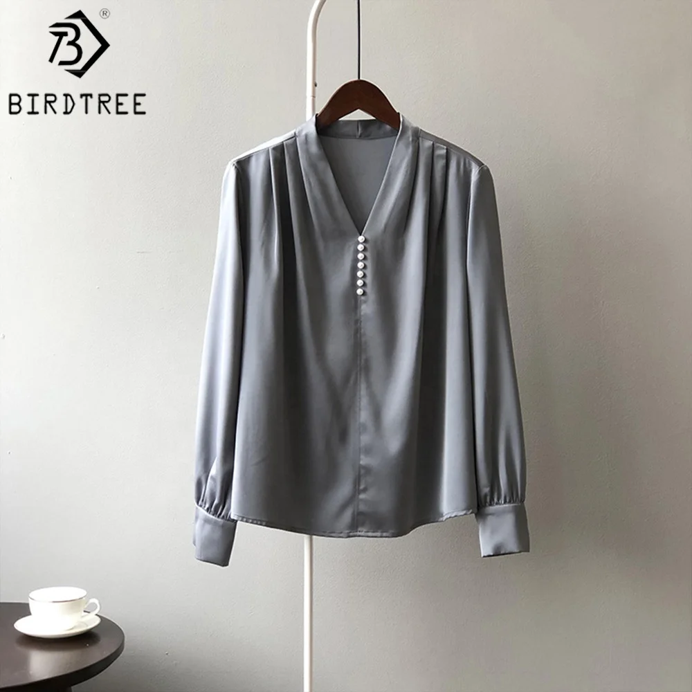 Women Autumn Satin Long Shirts Long Sleeves V Necks Beaded Elegant Loose Female Clothes Blouses Casual Winter Basic Tops