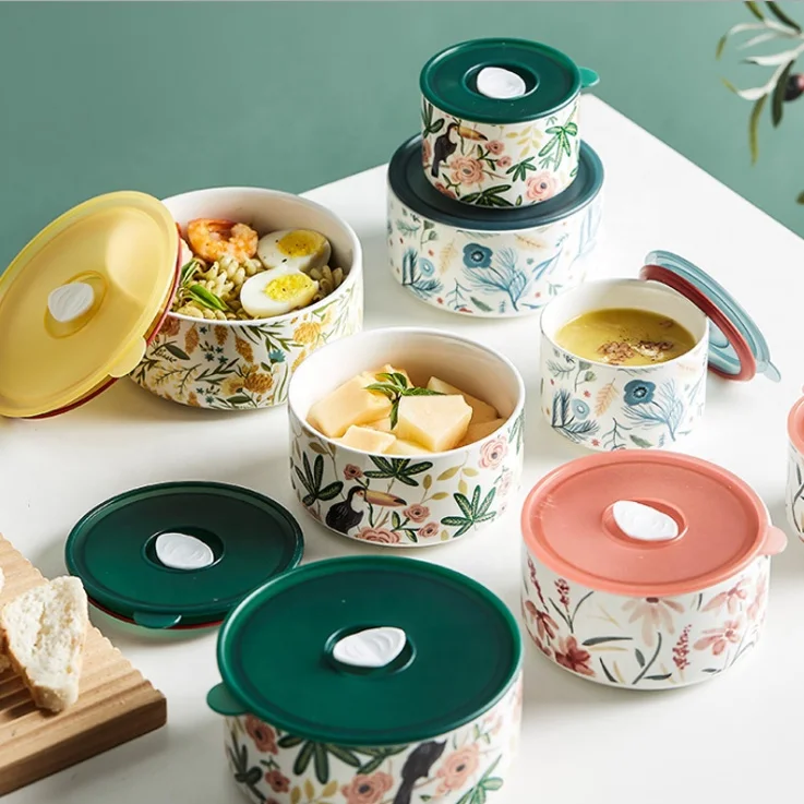 Special Ceramic Bento Box Fruit Salad Bowl Ceramic Portable Lunch Box Ceramic Bowl with Sealed Lid