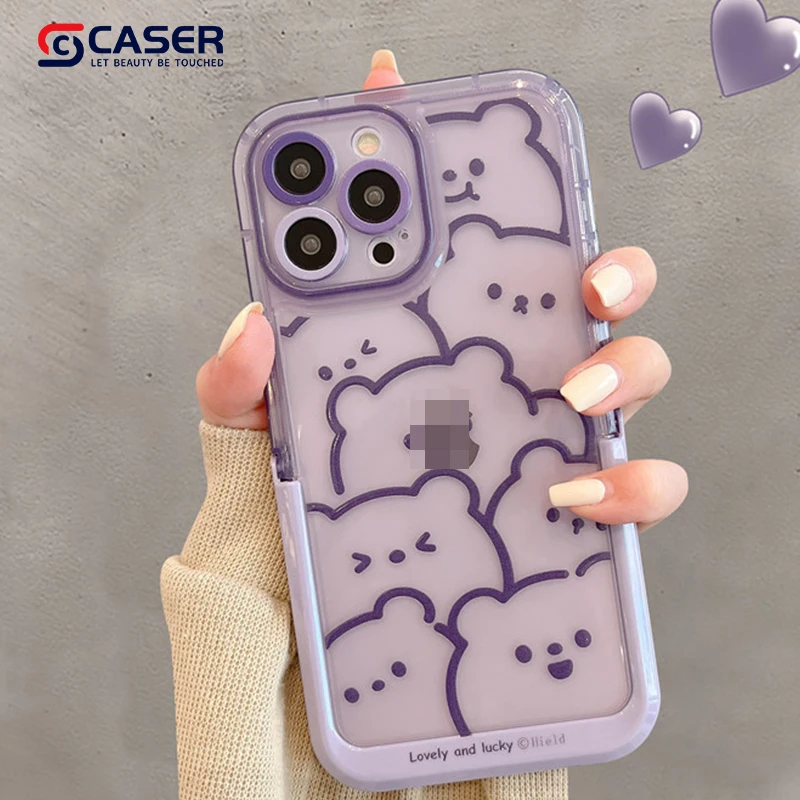 Ins Style Cartoon Purple Little Bear Phone Case With Stand Popular Lovely And Lucky Girl Mobile Phone Cover For Iphone 15 14