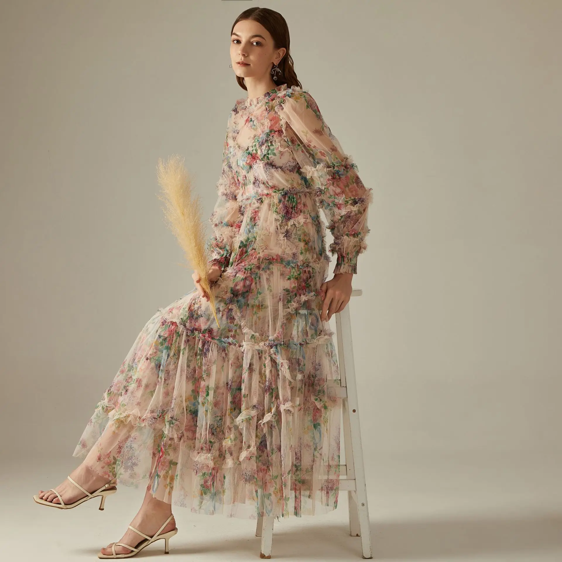 Pleat OEM Floral Long Sleeve  Mesh Long Women Ladies Dress Wedding Party Casual Women Undefined Mesh Fabric for Dresses