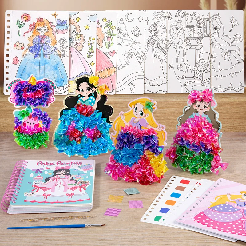 3 in 1 Drawing Book for Girls, Princess Dress-up Activity Book, Stickers, Poking, Puzzle Puncture Painting, Kids DIY Craft Kit