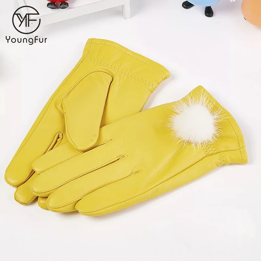 Girls Custom Made Luxury Real Mink Fur Ball Genuine Leather Gloves for Winter