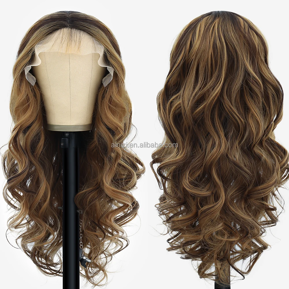 Ainizi high quality heat resistant synthetic wigs piano color body wave middle part synthetic lace front wigs for black women