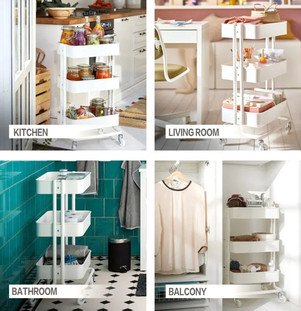 Free to Assemeble 4 Plastic Wheels Storage Cart Rolling Metal Cart For Household Storage Trolley Kitchen Trolley