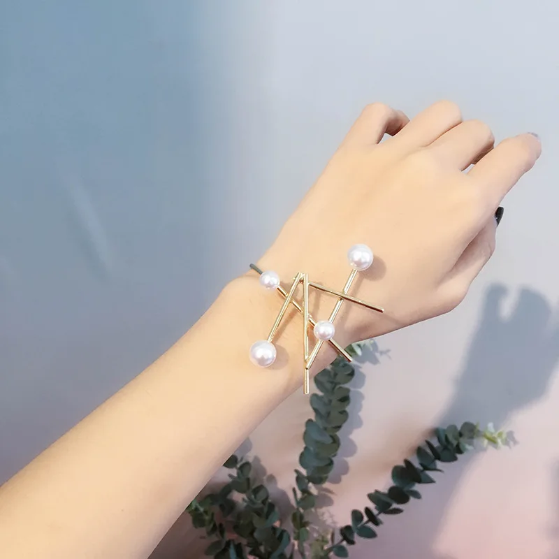 
creative exaggerated personality metal inlaid pearl open ring bracelet bangle cuff bar pearl hand bangle jewelry for female 