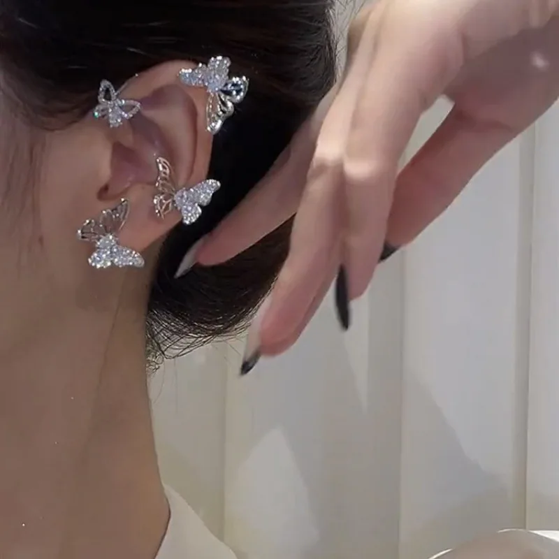 Trend 2022 exquisite diamond hook No ear hole Cuff Silver Non-Piercing Clip Crystal Hoop Cartilage butterfly Earrings