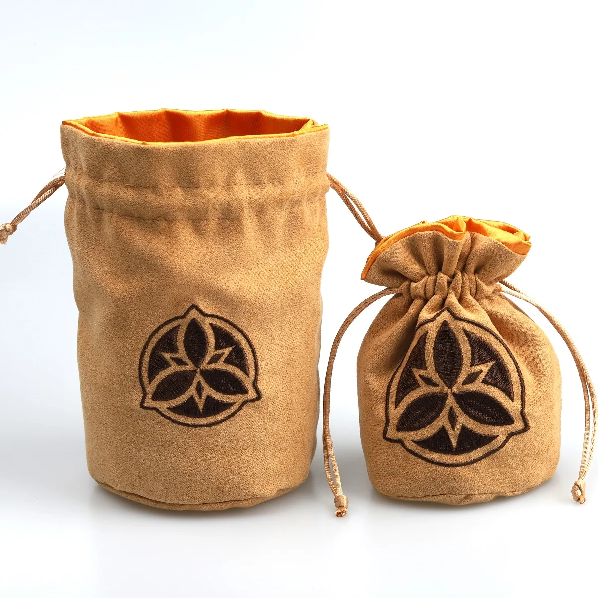 Round Bottom Suede Jewelry Gift Packaging Bag With Satin ling Brown Embroidery Logo Suede Velvet Cosmetic Drawstring Pouch