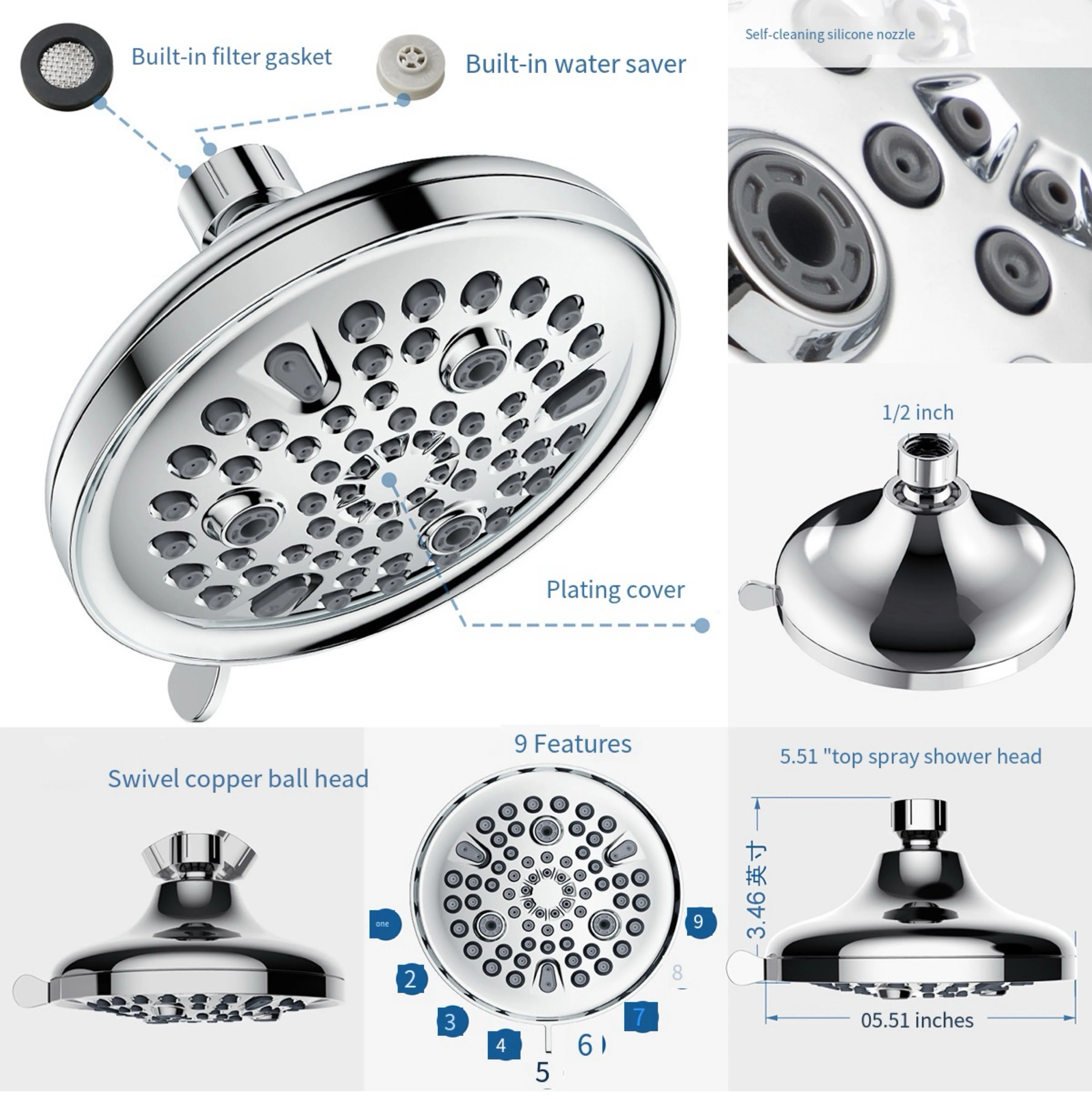NES-XL684 Pressurized multi-function 9 kinds of water modes silicone self-cleaning function shower top spray shower