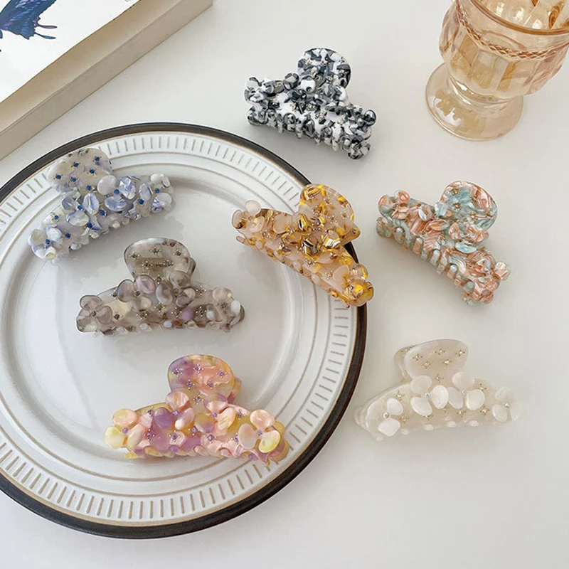 INS 7.5cm New French Vintage Flower Zircon Acetate Hair Clip Shark Grab Hairpin Fashion Hair Claw for Women Girls