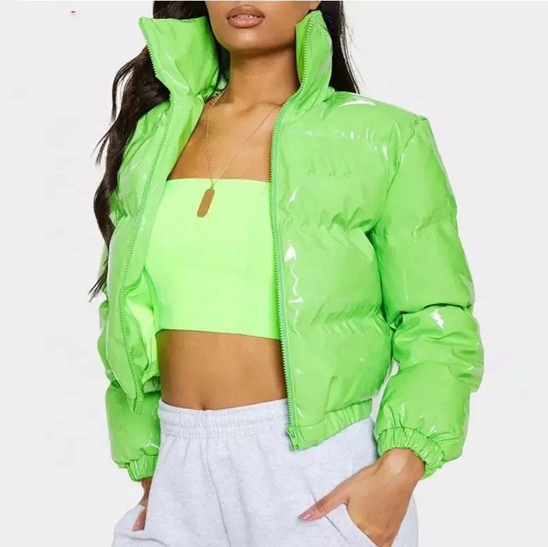 custom winter full zip up stand collar over sized crop leather coat for women 2022