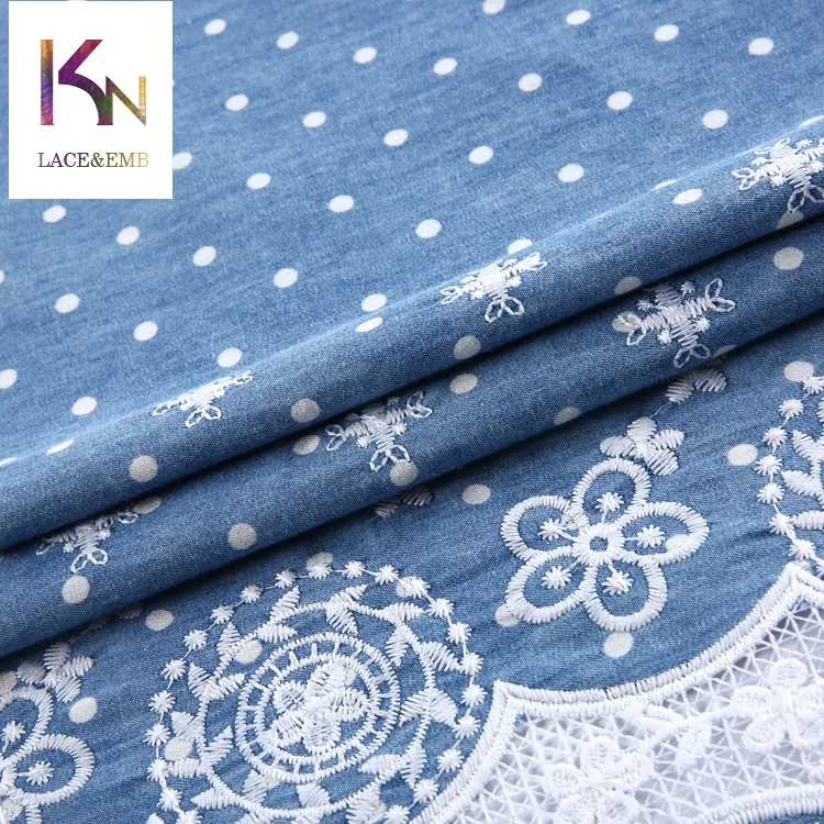
Creative desgin dot circle blue embroidered 100 cotton denim fabric for skirt making 