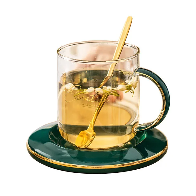 Eco-friendly Nordic Light Luxury Colorful Glass Coffee Cups High Temperature Resistant Juice Mug Rimmed Cup And Saucer Set