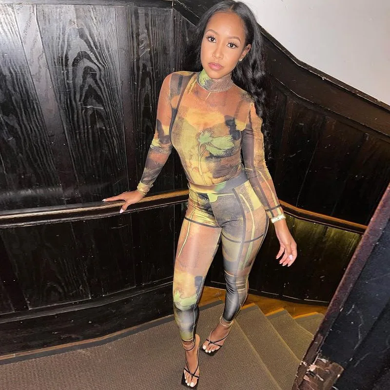 2021 fall winter clothes 2 piece sexy print long sleeve casual set for woman