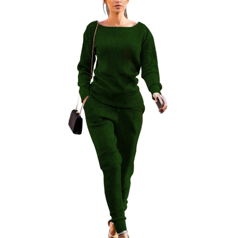 Ajustado Mujer Traje De Punto Chandal Cuello Redondo Manga Larga Senoras Trajes Track Suit Sport Casual Long Sleeve Sets