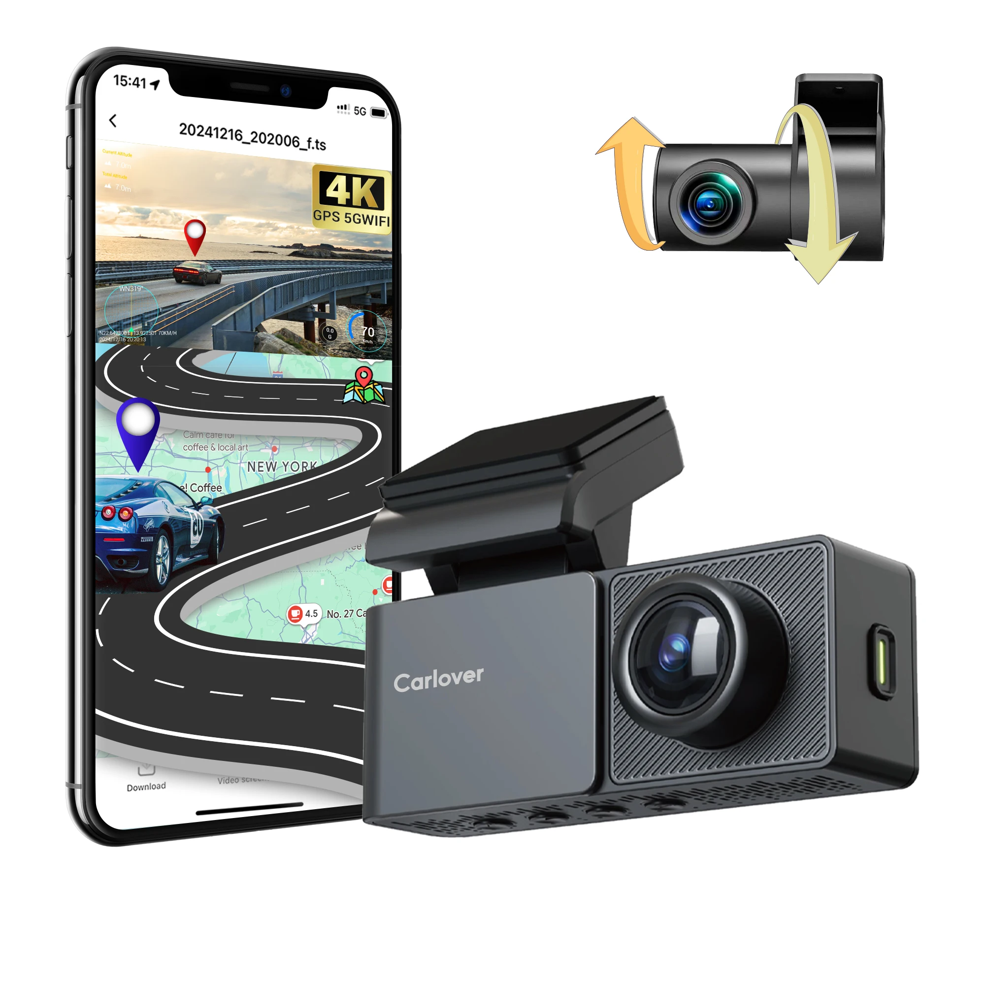 Carlover Dash Vam 5G WIFI GPS 4K Super Night Vision Loop Recording Car Black Box Dash Camera Front and Rear 4K Recording DVR