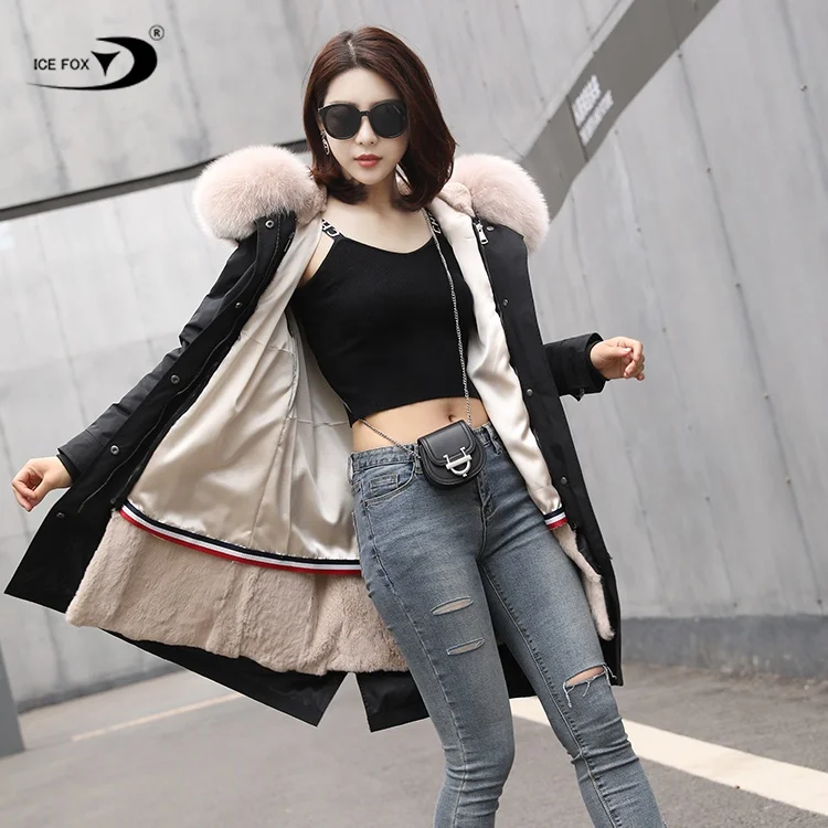 2020 New Style Popular Beige Long Warm Women Real Fur Jacket Fur Parka with Hooded