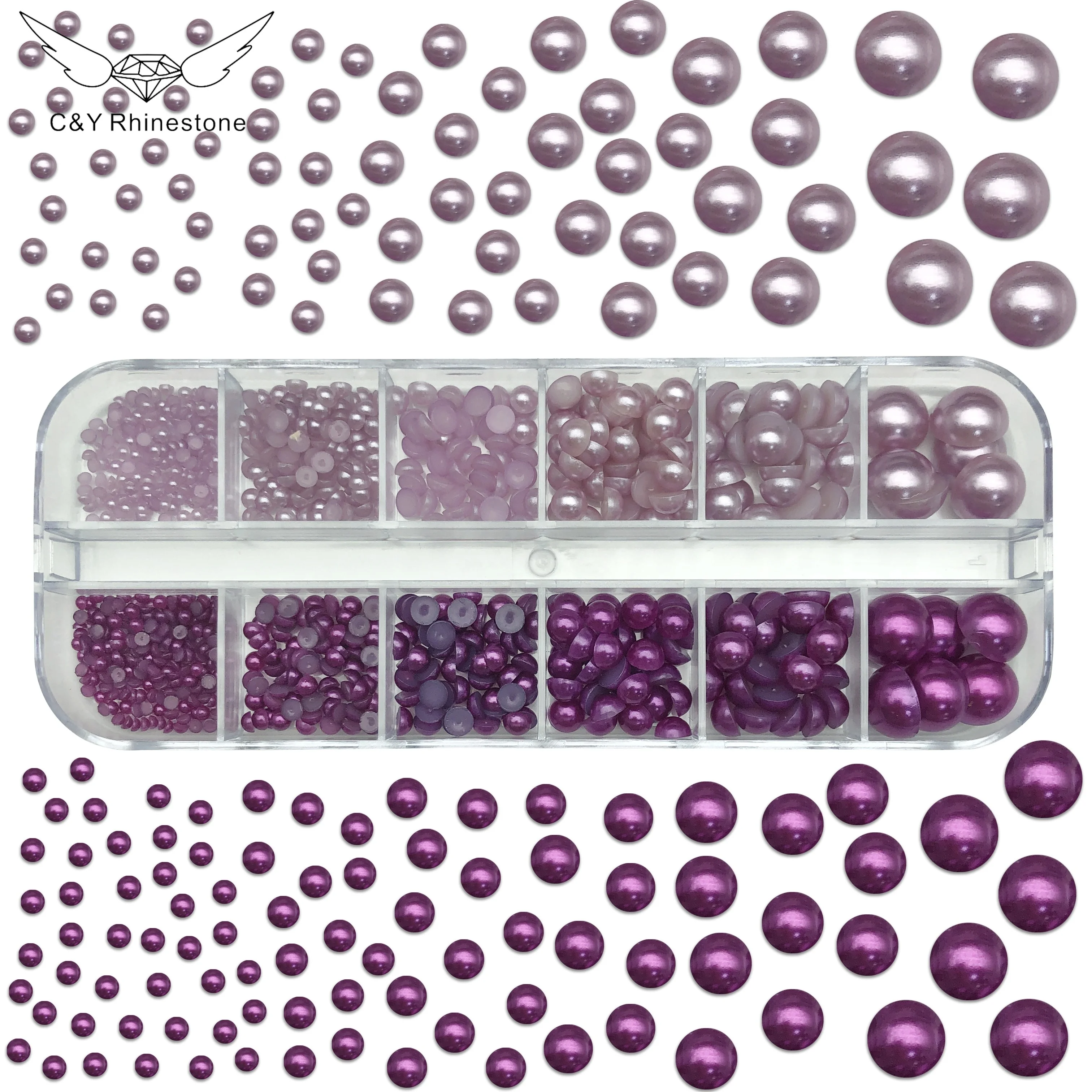 C&Y 12 Grids Mixed Colors Sizes Round Flat Back Pearls on Nail Resin Beads Loose Pearl