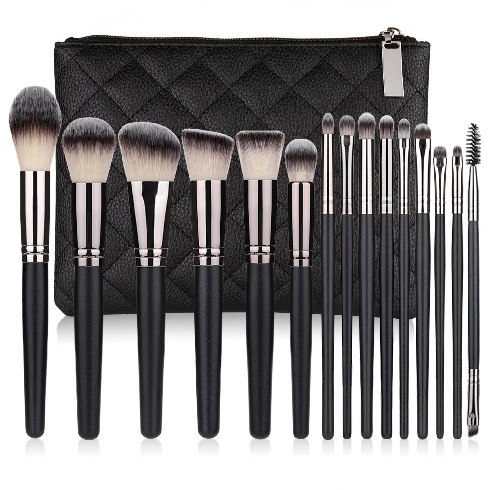 Spot Factory Direct Supply New 15 Pieces Full Set Loose Powder Blush Brush Makeup Tools Matte Black Makeup Brush Set