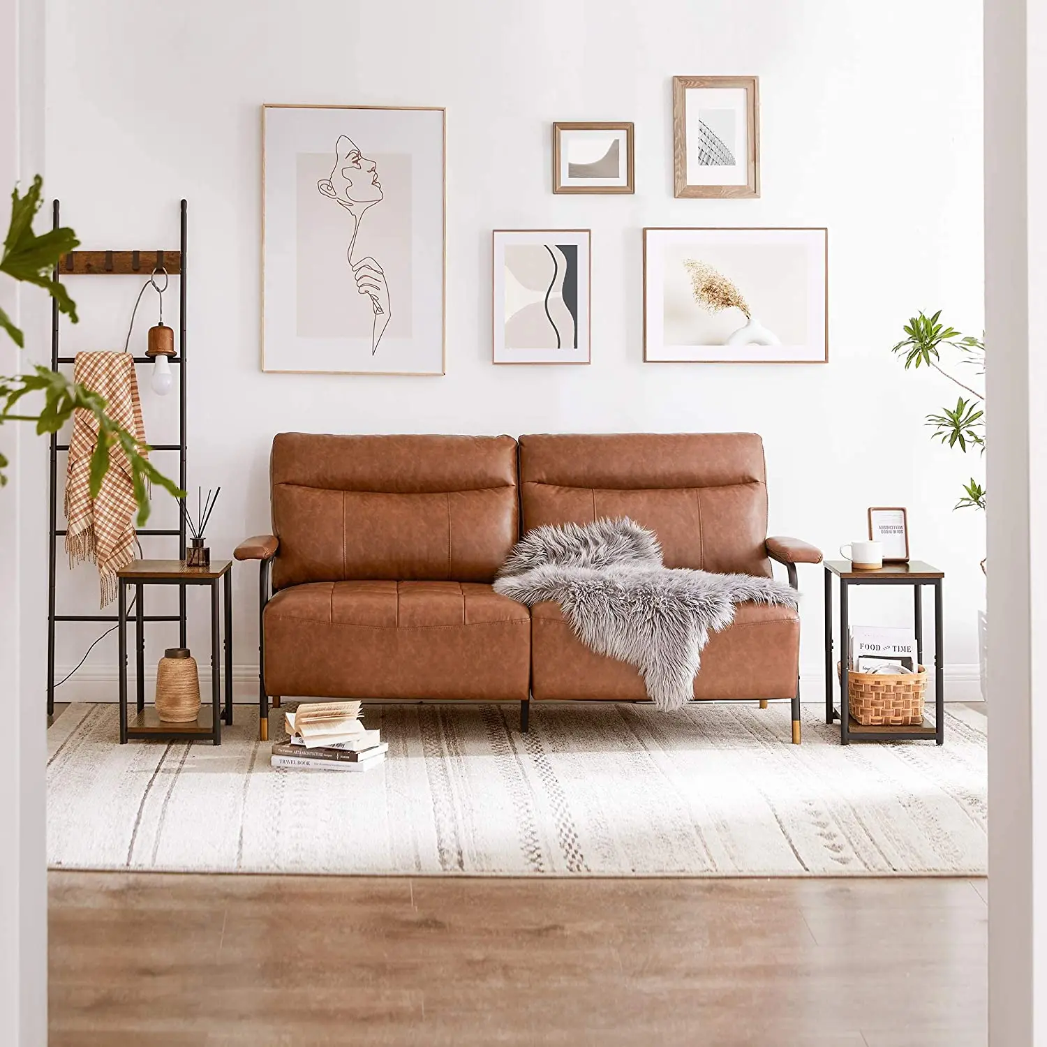 Набор из 2 столов-подставок с полкой для хранения, тонкие ночные столы, стальная рама для гостиной в рустикальном стиле, коричневого и черного цвета