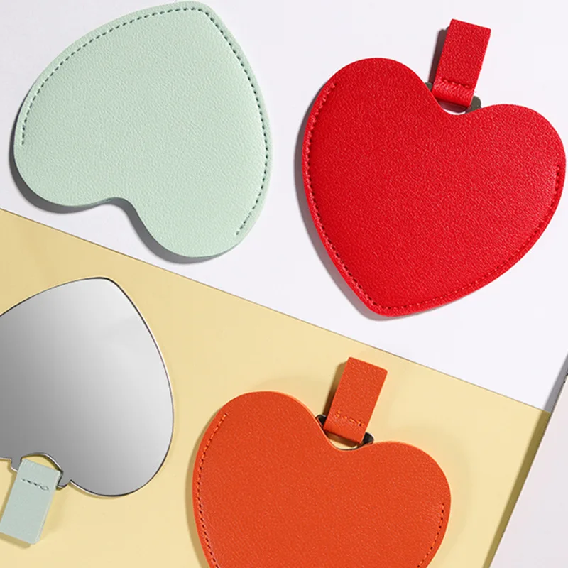 Wedding Gift Heart Mirror Stainless Steel Portable Makeup Small Compact Pocket Mirrors with Pu Bag
