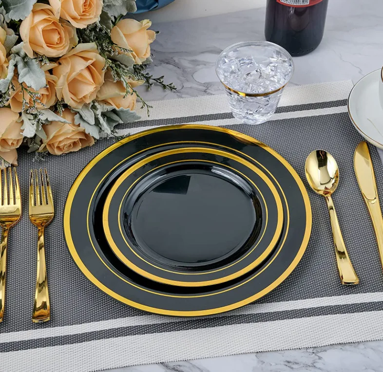 6 7.5 9 10.25inch Plastic PS Rose Gold Pink Tableware Disposable Plates Set for Wedding Birthday Party Decorations Supplies