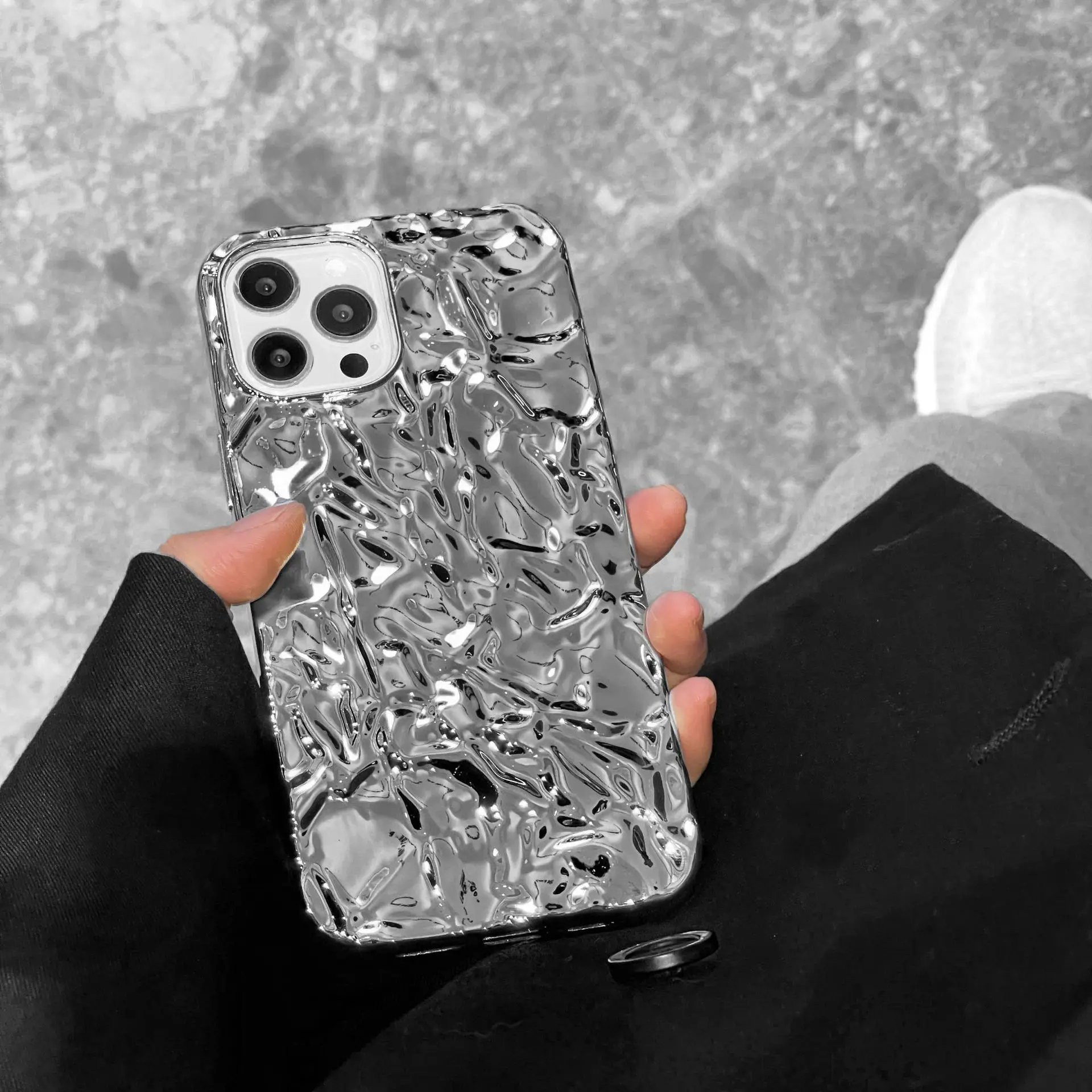 Luxury Fashion Silver Tin Paper Phone Case for iphone 14 13 11 12 Pro Max Water Ripple Liquid Metal Shockproof Soft Cover