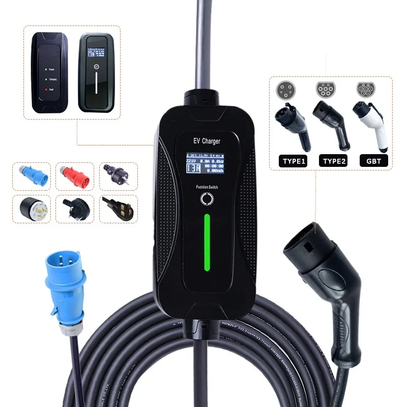 OEM ODM  3.5kw 7kw 16 32 A EV Level 2 Portable AC Charger Type 2 62196-2 1 GB/T Portable EV Charging