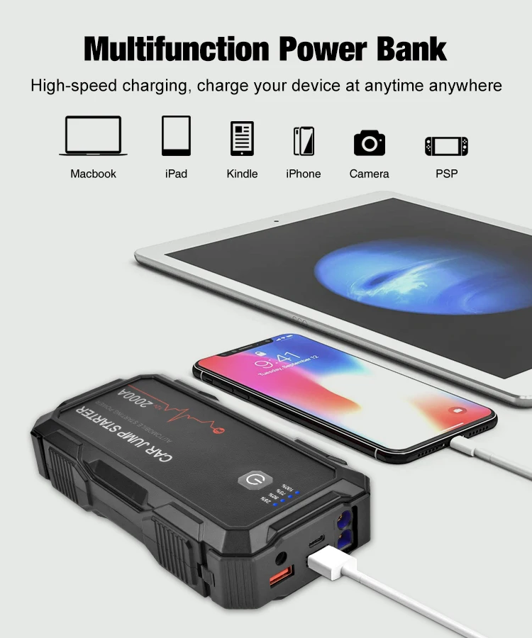 Gligle Jump Starter 12V 20000mAH jump starter 2000A With QC3.0 Power Generator Car Start power bank jumper