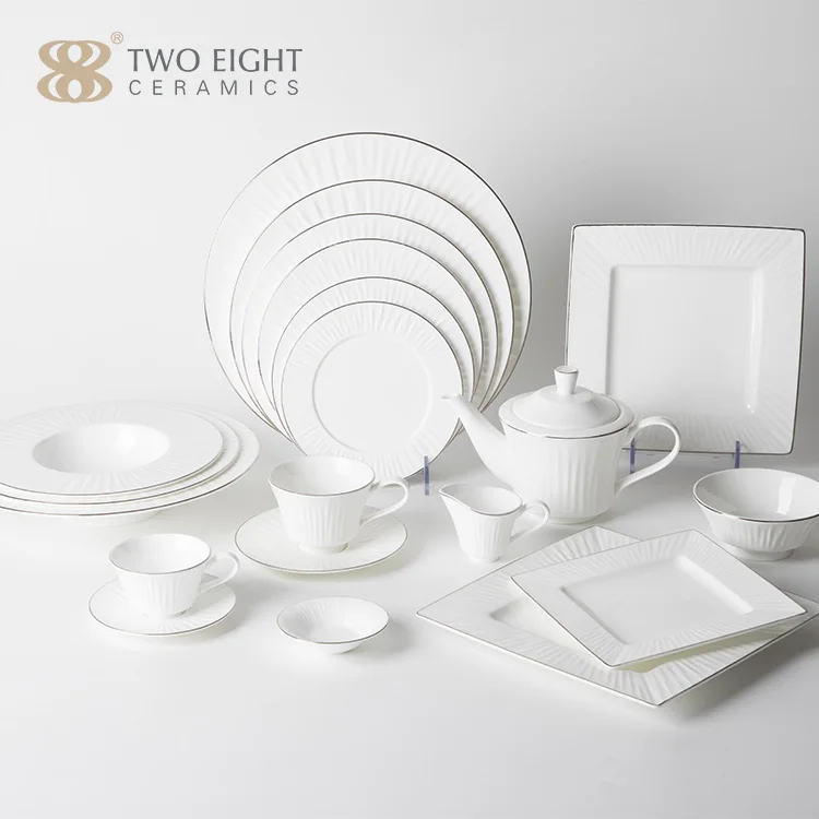 2021 elegant bone china plates restaurant White Silver Rim fine bone china dinner set Plates ceramic square plate