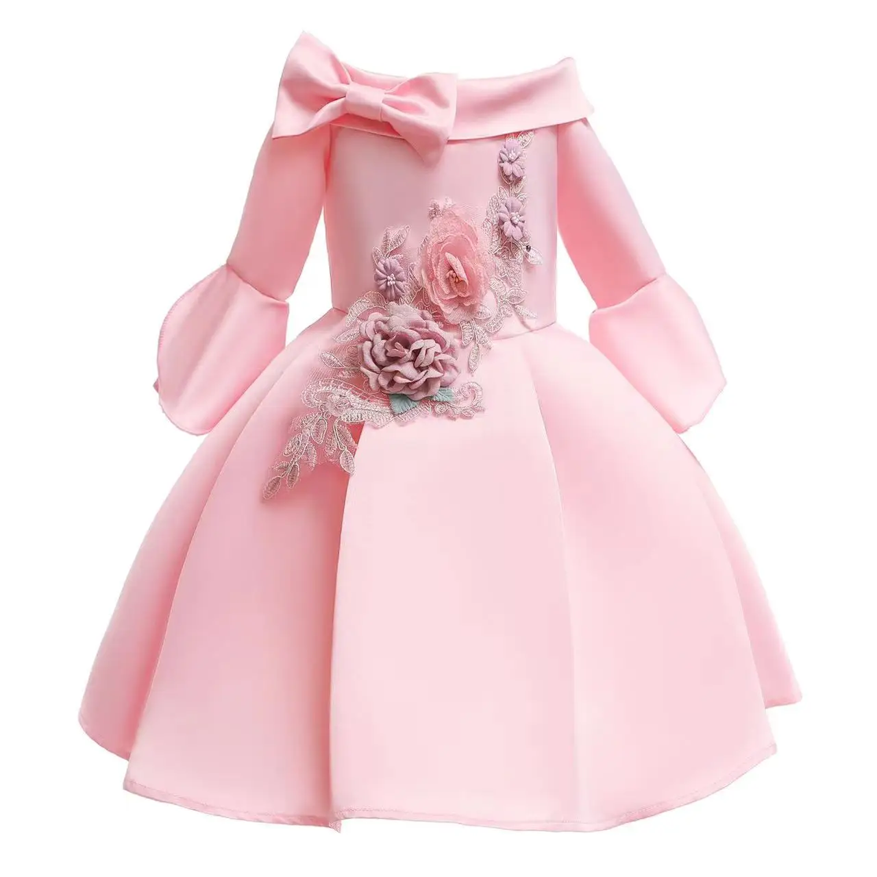 Factory Wholesale Price Long Sleeve Girls Evening Wedding Dresses Prom Kids Girl  Flower Dresses Pink