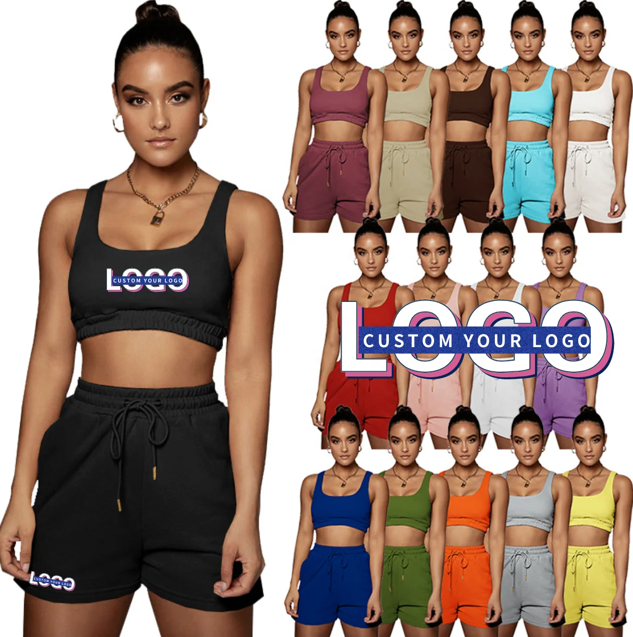 HR8163 2022 high quality summer suits vest outfits tank top and shorts sets custom logo sports bra and shorts set Women