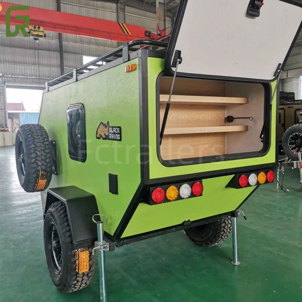 Enclosed Small Camper Trailer Off road overland Caravan Trailer with Double Axle sounds system kitchen electric energy