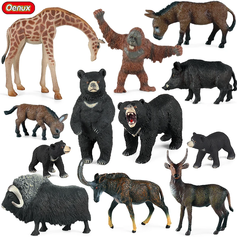 Oenux Wholesale PVC Animal Toy Simulation Wild Black Giraffe Bear Antelope Action Figures Model Kids Education Xmas Gift