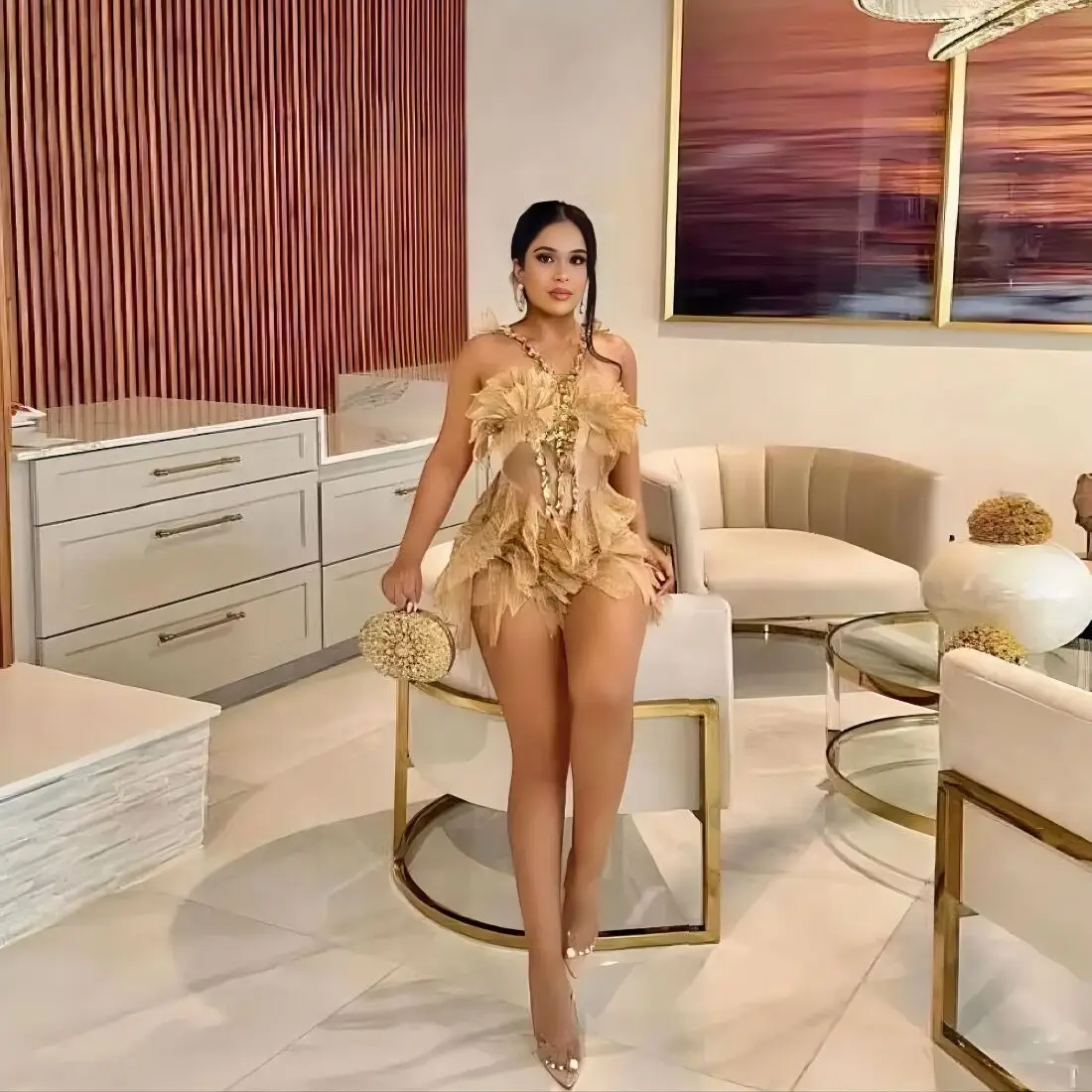 Gold Leaves Shinning Crystal Women Sexy Halter Off the Shoulder Bodycon Mini Dress Celebrity Nightclub Party Birthday Dress