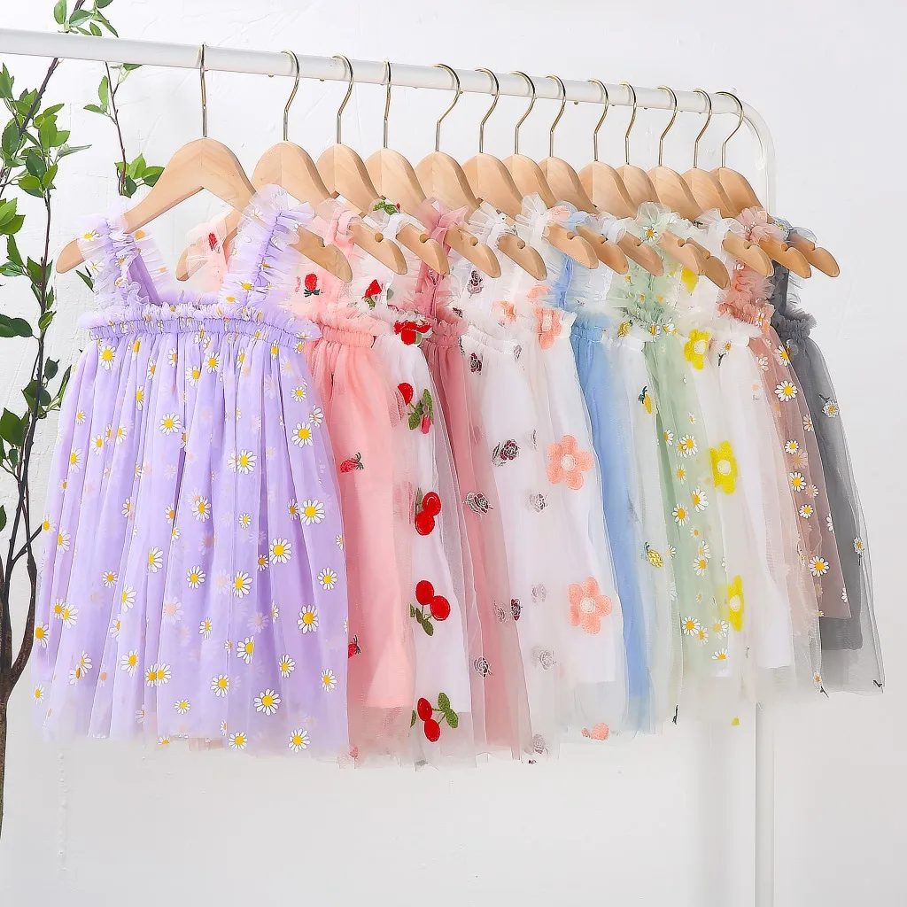 Summer Baby Girl Dress Princess Flower Fruit Sleeve Tulle Tutu Dresses for Kids Shaggy Beach Party Sundress Teen Clothes